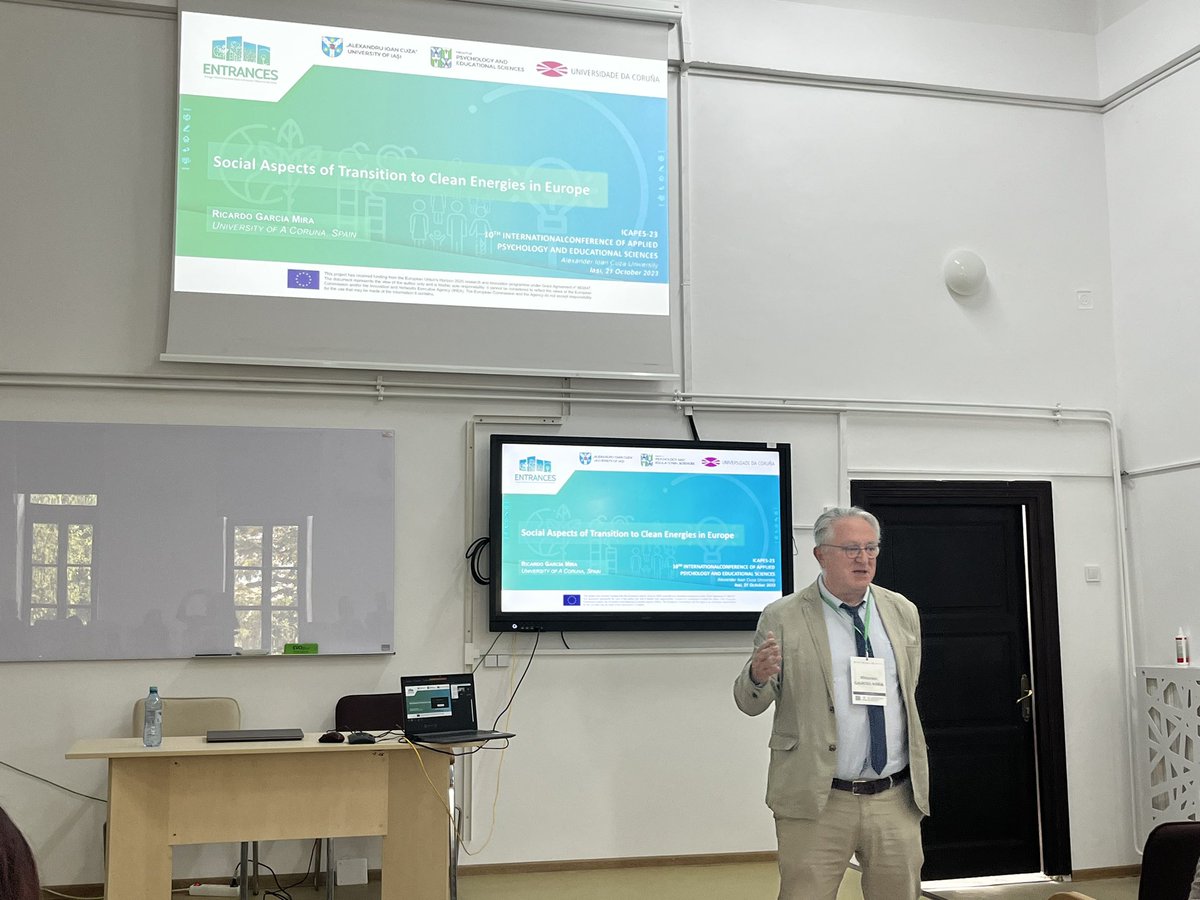 MioCristea's tweet image. What a small world! Prof. Ricardo Garcia Mira addressing the challenges of transition to clean energies at #ICAPES2023 @UAICiasi a week after having shared his work @HWU with our colleagues from Geography &amp;amp; Urban Studies!