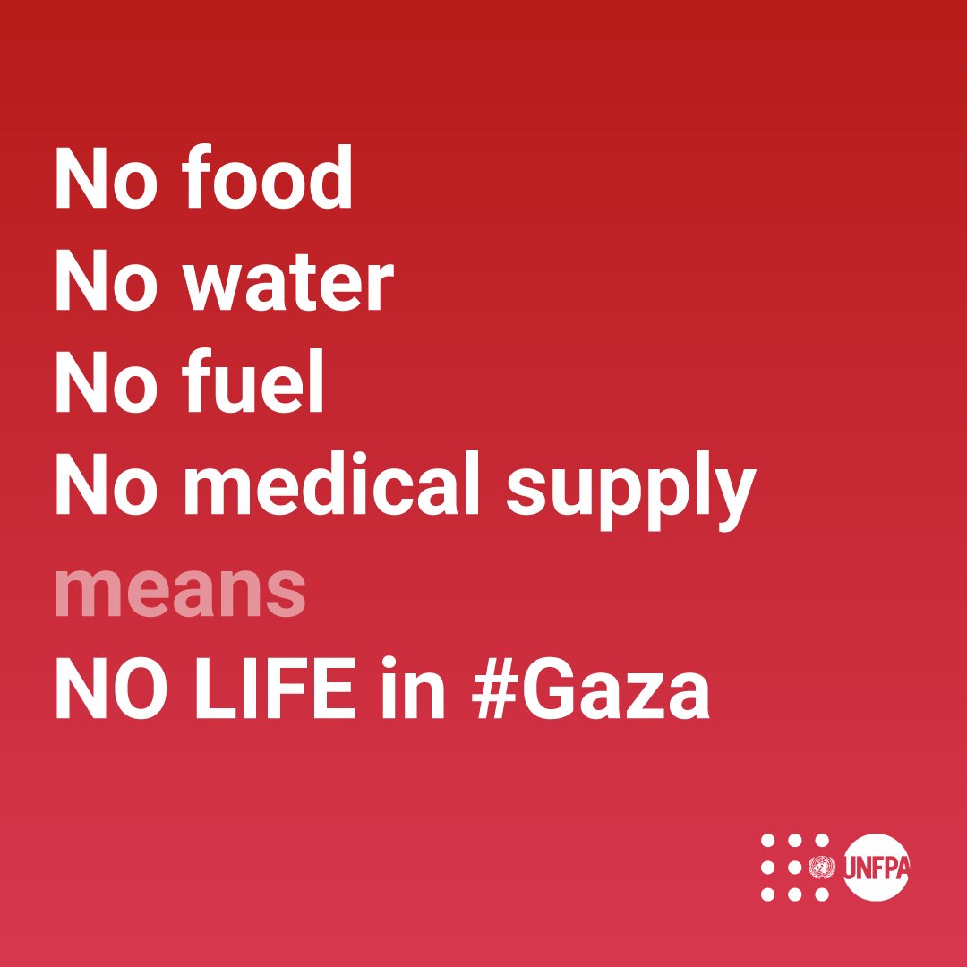 Vital supplies are about to run out in #Gaza which has been under fire for 15 days. @UNFPA supports women and girls in the area. We call for a humanitarian ceasefire for civilians to move to safe areas & the delivery of humanitarian aid supplies waiting on the Egyptian border.
