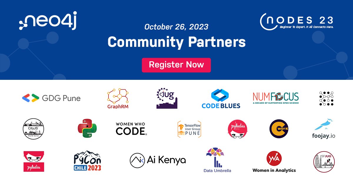 Neo4j (@neo4j) on Twitter photo Thank you for supporting #NODES2023! bit.ly/3Lt2e8z
<a href="/gdgcloudpune/">GDG Cloud Pune</a> <a href="/Graph_RM/">GraphRM</a> #CodeBlues <a href="/NumFOCUS/">NumFOCUS</a> <a href="/cityjsconf/">CityJS Conferences</a> <a href="/NYCPyLadies/">NYC PyLadies</a> <a href="/WomenWhoCode/">Women Who Code</a> <a href="/tfug_pune/">TensorFlow UG Pune</a> <a href="/foojayio/">Foojay.io</a>
<a href="/pythonchiledev/">Python Chile</a> <a href="/AiKenya1/">Ai Kenya</a> <a href="/wia_community/">Women in Analytics (WIA)</a> <a href="/DataUmbrella/">Data Umbrella</a>
<a href="/sfjug/">San Francisco JUG</a> <a href="/HumanitarianAI/">Humanitarian AI</a> <a href="/PyLadiesBer/">PyLadies Berlin</a> <a href="/DataScienceDC/">Data Science DC</a> Thank you for supporting #NODES2023! bit.ly/3Lt2e8z
<a href="/gdgcloudpune/">GDG Cloud Pune</a> <a href="/Graph_RM/">GraphRM</a> #CodeBlues <a href="/NumFOCUS/">NumFOCUS</a> <a href="/cityjsconf/">CityJS Conferences</a> <a href="/NYCPyLadies/">NYC PyLadies</a> <a href="/WomenWhoCode/">Women Who Code</a> <a href="/tfug_pune/">TensorFlow UG Pune</a> <a href="/foojayio/">Foojay.io</a>
<a href="/pythonchiledev/">Python Chile</a> <a href="/AiKenya1/">Ai Kenya</a> <a href="/wia_community/">Women in Analytics (WIA)</a> <a href="/DataUmbrella/">Data Umbrella</a>
<a href="/sfjug/">San Francisco JUG</a> <a href="/HumanitarianAI/">Humanitarian AI</a> <a href="/PyLadiesBer/">PyLadies Berlin</a> <a href="/DataScienceDC/">Data Science DC</a>