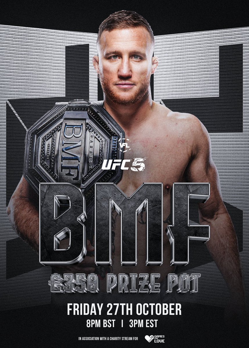 **OFFICIAL** - The VFL BMF Grand Prix is back for Global Release Day for UFC 5!  🥋

📅 Friday 27th of October
🕗 8pm UK Time (BST) / 3pm US EST
🎮 Xbox Series X/S

📩 DM for Entry Invite
🎟️ Free Entry!
💰 £350 / $425 Prize Pot!

🤵‍♂️ Very happy to announce this will coincide with