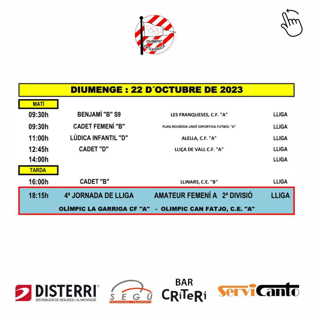 Horaris dels partits del cap de setmana del 21 i 22 d’octubre de 2023 dels equips del #FBase, #FAmateur i #FutFem del #CFOLG que es jugaran al Camp Mpl d’Esports de #lagarriga.

#CFOLG
#goreds🔴🔴