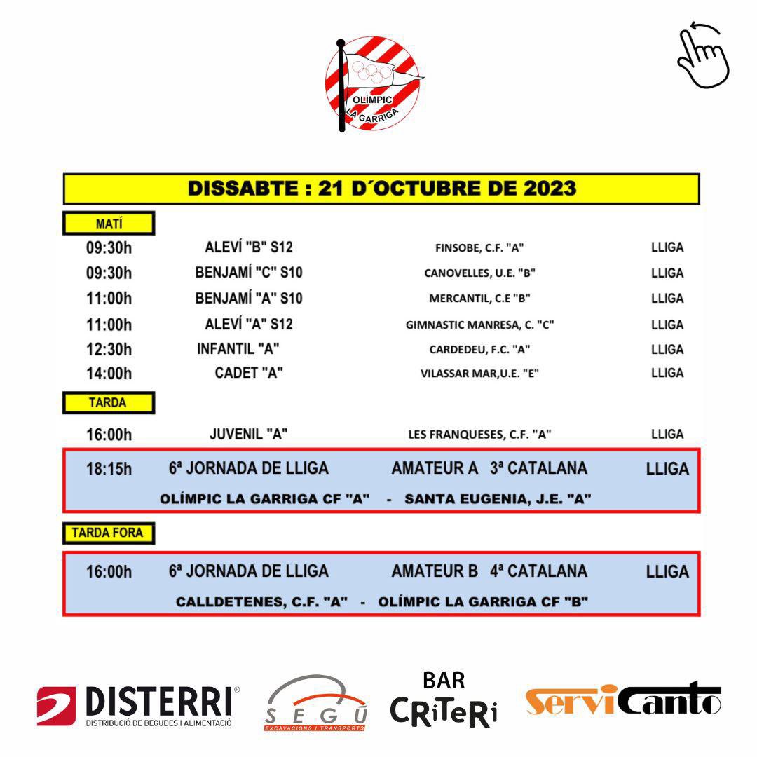 CFOlimpic's tweet photo. Horaris dels partits del cap de setmana del 21 i 22 d’octubre de 2023 dels equips del #FBase, #FAmateur i #FutFem del #CFOLG que es jugaran al Camp Mpl d’Esports de #lagarriga.

#CFOLG
#goreds🔴🔴 https://t.co/Nar5n1eq8Q