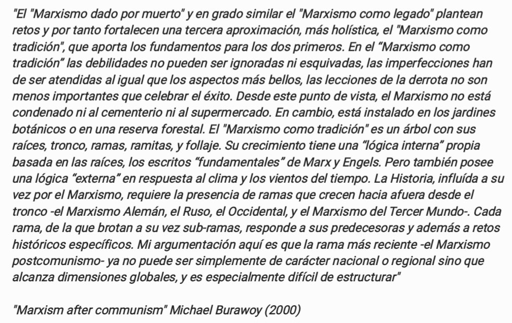 la_casamata's tweet photo. Hacemos Rt a un hilo nuestro  con sugerente metáfora del árbol con sus raíces, tronco, ramas (las vivas y las muertas o podridas) para explicar el desarrollo del marxismo por parte de Michael Burawoy.

Imágenes con fragmentos sacados de dos textos suyos 👇 https://t.co/Y6dfmEW7lT