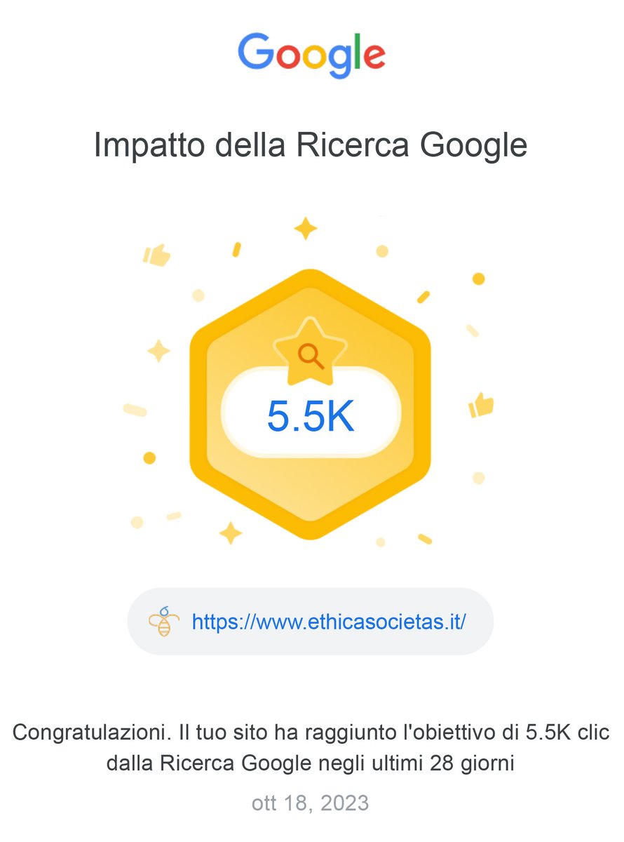 Continua il trend di crescita della nostra rivista, grazie a tutti voi, #ethicasocietas negli ultimi 28 giorni è stata cercata da 5.500 persone. 
Lo ha certificato <a href="/Google/">Google</a> ed è una grande soddisfazione considerato anche che siamo una rivista #nonprofit.