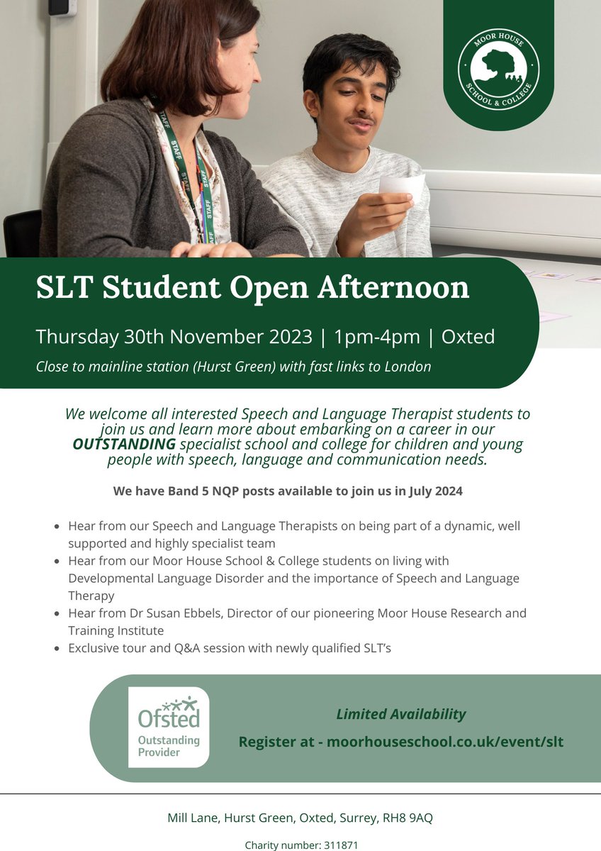 MoorHouseSLCN's tweet photo. We're inviting all interested Speech and Language Therapist students to attend an open afternoon on Thursday 30th November 2023 (1pm-4pm).

https://t.co/KJuPcJcQNL 

#slt #sltpeeps #speechandlanguagetherapy https://t.co/b6hgwIIbdf