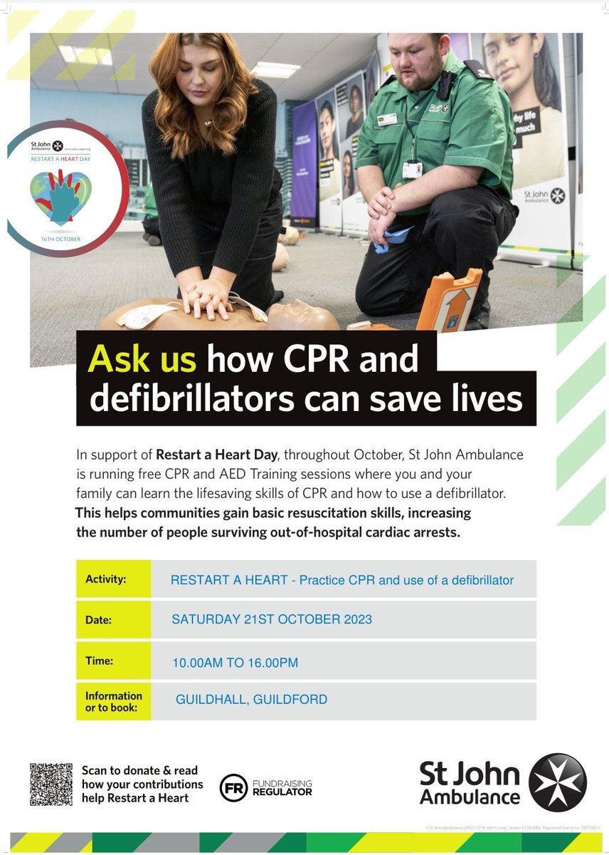 Today in the Guildford Guildhall 1000-1600 we are providing 30min #cpr &amp; AED training sessions as part of the National #RestartAHeart campaign. Come down and learn life saving skills.  <a href="/stjohnambulance/">St John Ambulance England</a> <a href="/Surrey_SJA/">SJA Surrey District</a>