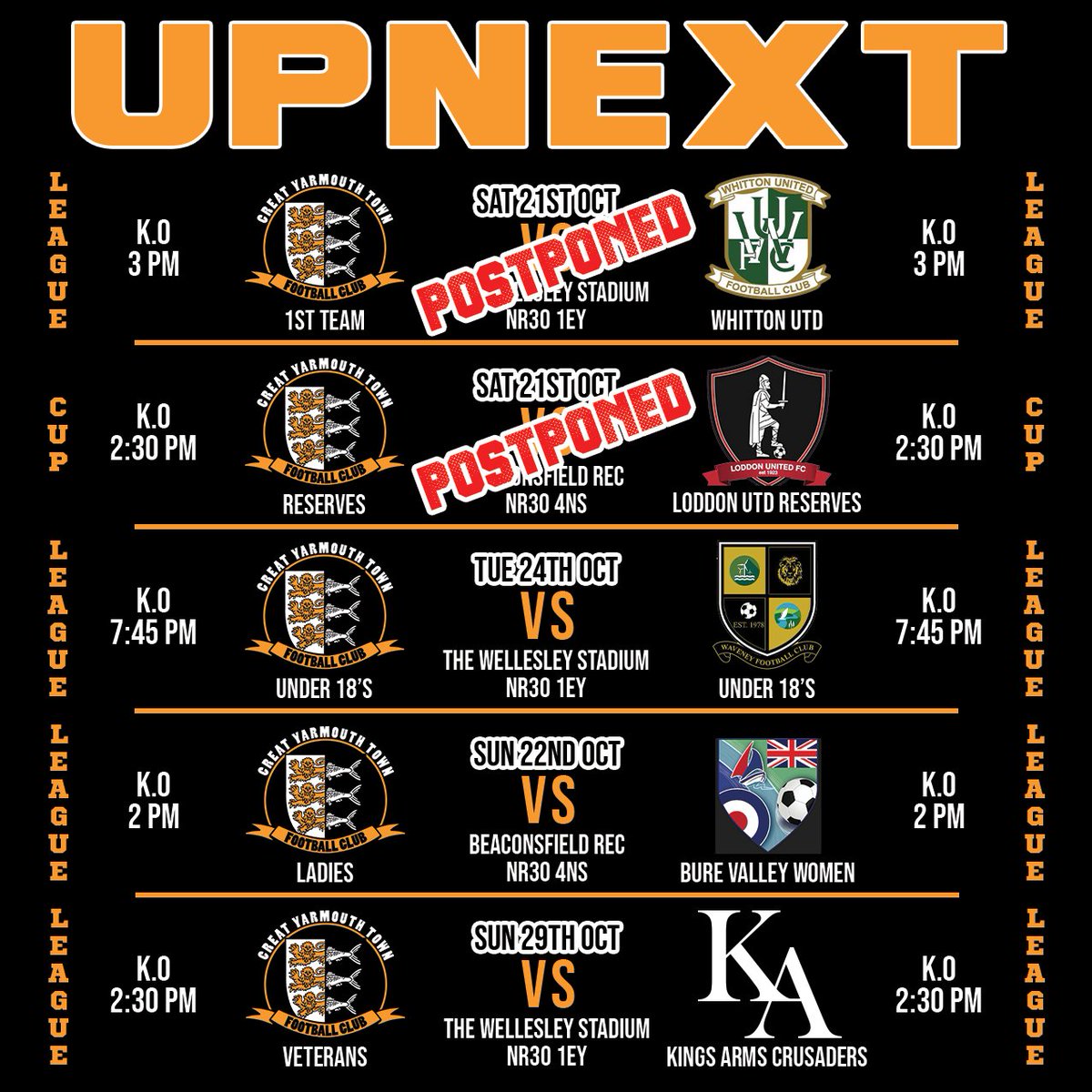❌GAMES POSTPONED❌
Due to pitch conditions both our 1st Team &amp; Reserves matches today have been Postponed.