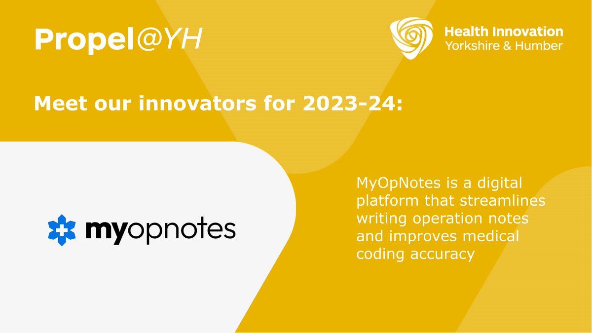 Propel@YH (@propelyh) on Twitter photo Meet another of our innovators for 2023: <a href="/myopnotes/">MyOpNotes - Digital Operation Notes</a>
This is a digital platform that streamlines writing operation notes and improves medical coding accuracy.
Find out more: ow.ly/Oz9j50PW1JI
#HealthTech #DigitalHealth Meet another of our innovators for 2023: <a href="/myopnotes/">MyOpNotes - Digital Operation Notes</a>
This is a digital platform that streamlines writing operation notes and improves medical coding accuracy.
Find out more: ow.ly/Oz9j50PW1JI
#HealthTech #DigitalHealth