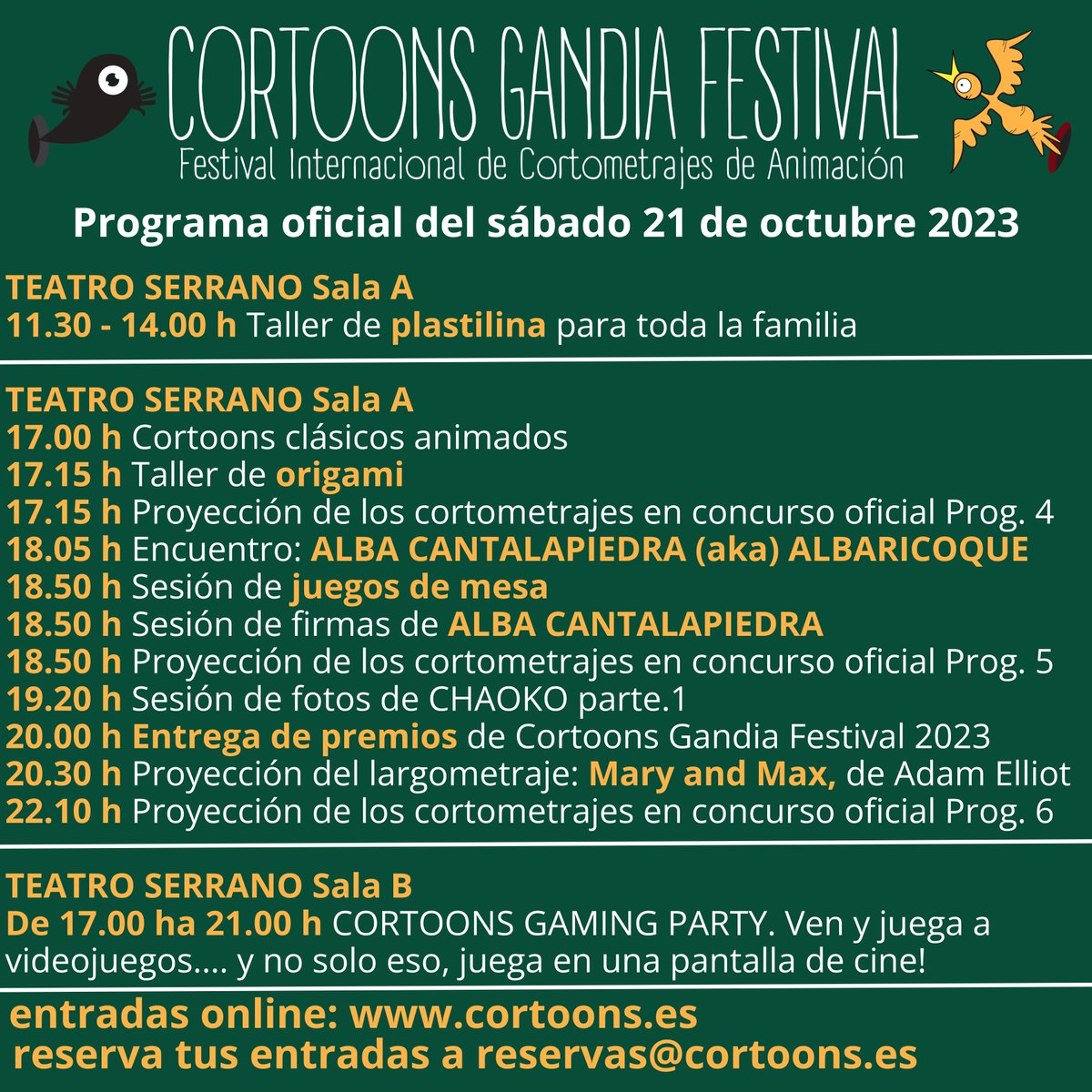 El programa  de hoy sábado 21 de octubre. Cortoons Gandia Festival al Teatro Serrano.  Puedes comprar las entradas online en cortoons.es o a la taquilla  del Teatro Serrano