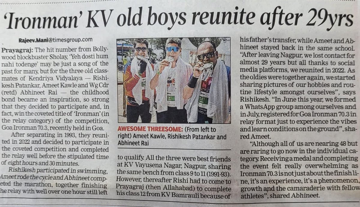 Excited  to see news coverage of our Ironman Relay Journey appearing in the Times of India Edition 🏃🚴🏊 Thanks to my buddies Ameet and Abhineel. Thank you Rajeev Mani for story <a href="/TourismGoa/">Goa Tourism</a> #ironman #running #cycling #swimming  <a href="/timesofindia/">The Times Of India</a> <a href="/IRONMANtri/">IRONMAN Triathlon</a>   <a href="/IRONMANLive/">IRONMANLive</a>