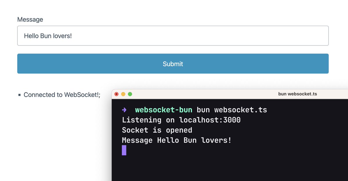 RmeetsH's tweet image. Weekend relaxing side project: writing an article about WebSocket with Bun (Typescript).
I must admit that Bun&apos;s server management features (http, websocket) are really simple, clear and effective. Great work!

@bunjavascript #typescript #websocket #javascript #tutorial
