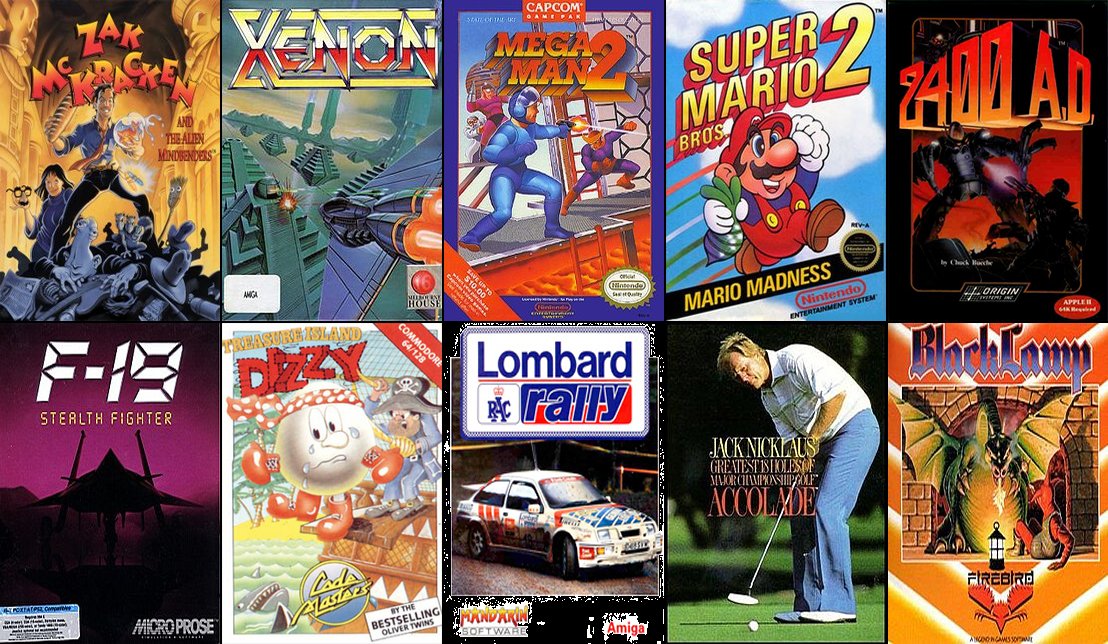_I_Love_Retro_'s tweet photo. It's 1988, and 8 bit computers are in slow decline as 16 bit and PC gaming continues it's inexorable rise. There are some real classics this year; which of these took up your leisure time? #ZakMcKracken #Xenon #MegaMan2 #SuperMario2 #2400AD #F19 #TreasureIslandDizzy #LombardRACRally #JackNicklausGolf #BlackLamp #80s #RetroGaming #Retro #ZXSpectrum #C64 #MSX #Nintendo #Amiga #AtariST #BBCMicro #Dragon32 #PCGames