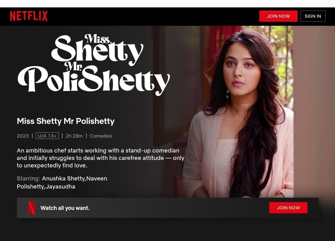 sweetyanushkafc's tweet photo. #MissShettyMrPolishetty is Now Streaming on @NetflixIndia in Telugu, Tamil, Malayalam, Kannada & Hindi, with English Subtitles!! 👩🍳🎤❤️ @Netflix_INSouth
Link: https://t.co/hLUJeeXBaL
#AnushkaShetty #NaveenPolishetty
#LadySuperstarAnushkaShetty
#BlockbusterMSMP #TheQueenIsBack https://t.co/Vlb6n5MUAw