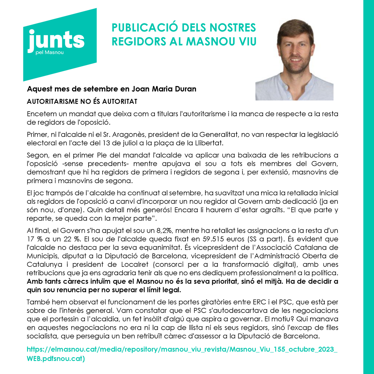 juntsxelmasnou's tweet photo. Nova aportació dels nostres regidors al Masnou Viu.
Avui en Joan Ma Duran https://t.co/tNO4Fdkg7h