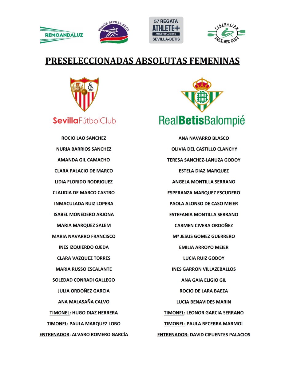 Preseleccionados para la 57ª Regata AthletePlus.org Sevilla-Betis

<a href="/SevillaFC/">Sevilla Fútbol Club</a> <a href="/RealBetis/">Real Betis Balompié 🌴💚</a> <a href="/RCLabradores/">Real Círculo de Labradores de Sevilla</a> <a href="/CNauticoSevilla/">Club Náutico Sevilla</a> <a href="/Guadalquivir86/">Remo Guadalquivir'86</a> <a href="/Remo_CS/">Club Deportivo RemoSevilla</a> <a href="/RemerosY/">Club Remeros y Piragüistas Veteranos de Sevilla</a> #CRSanJeronimo <a href="/IMDSevilla/">IMD Sevilla</a> <a href="/DeporteAND/">Andalucía es Deporte</a> <a href="/PuertoDeSevilla/">Puerto de Sevilla</a>