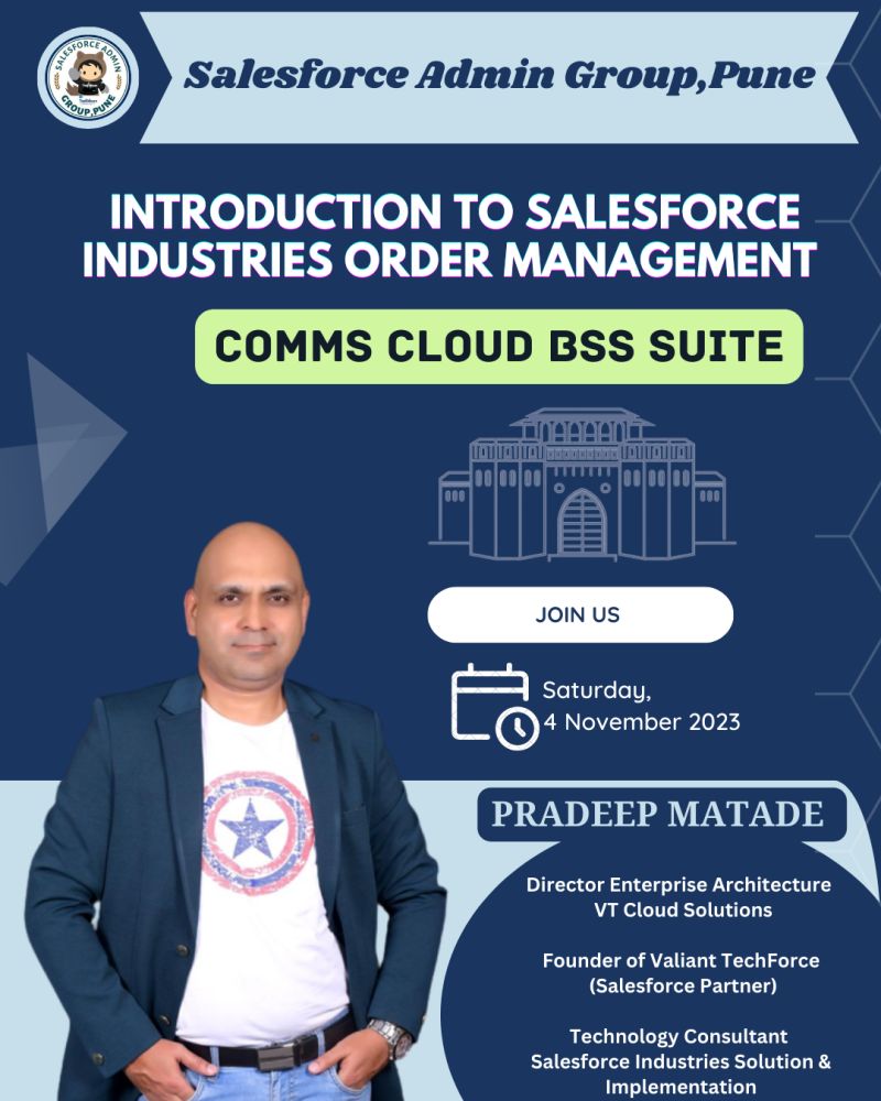 Exciting News: Inaugural Salesforce Admin Group Pune Meetup that too with an interesting topic delivered by Pradeep Matade on Salesforce Order Management System, on 4th Nov 2023 at @infobeans Baner Office , Pune ! RSVP : lnkd.in/dM-VuVkA #trailblazercommunity #Salesforce