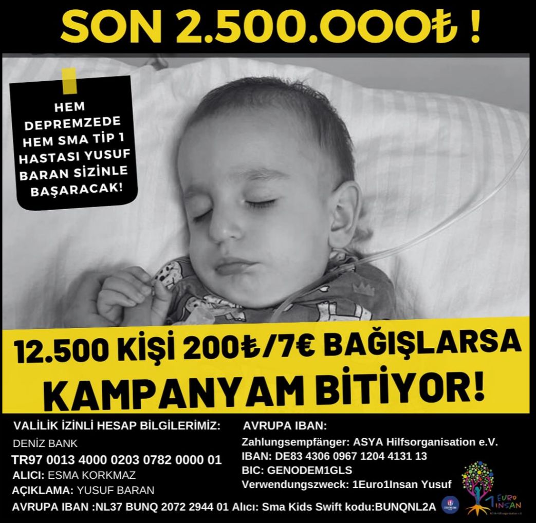 smayusufbaran's tweet photo. HEM DEPREMZEDE, HEM SMA TİP 1 HASTASI YUSUF BARAN’a SÖZ VERDİK “BİRLİKTE BAŞARACAĞIZ” DEDİK VE ARTIK %5’ten GERİ SAYMAYA BAŞLADIK!

💫12.500 KİŞİ 200₺/7€ 
BAĞIŞLARSA YA DA ÇEVRESİNDEN TOPLARSA KAMPANYAMIZ BİTİYOR!
#deprem 
#فلسطين_الان 
#AUSvsPAK 
#GazaHospitalBombing 
#Israel https://t.co/2C035JL9KB