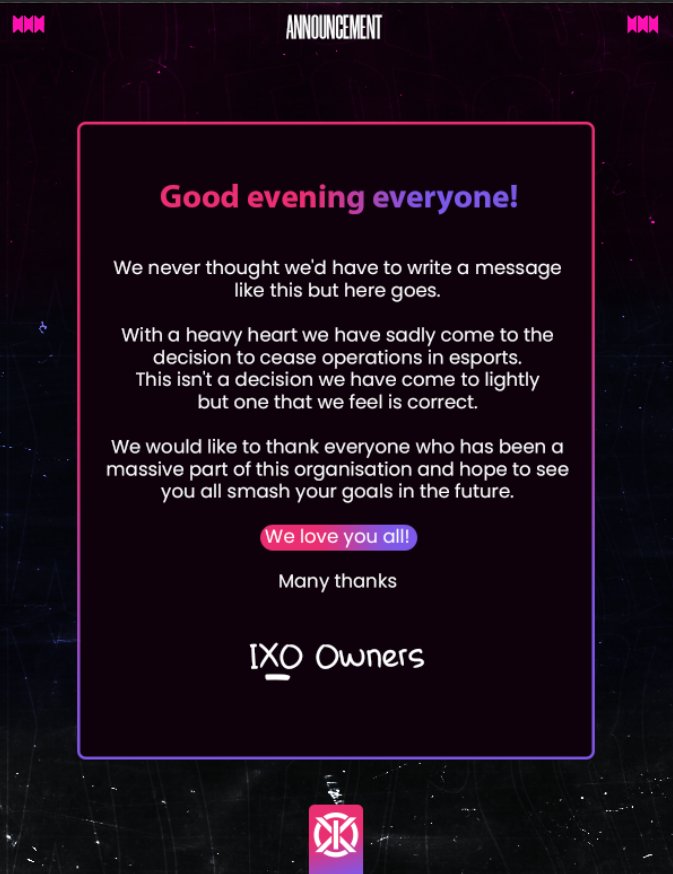 Update on our future.

Our discord will remain open to provide a community for all streamers/content creators. discord.com/invite/mZNQrPS…

Thank you to all the amazing people who've represented us and good luck in the future.

This is goodbye for now esports, we may return👀