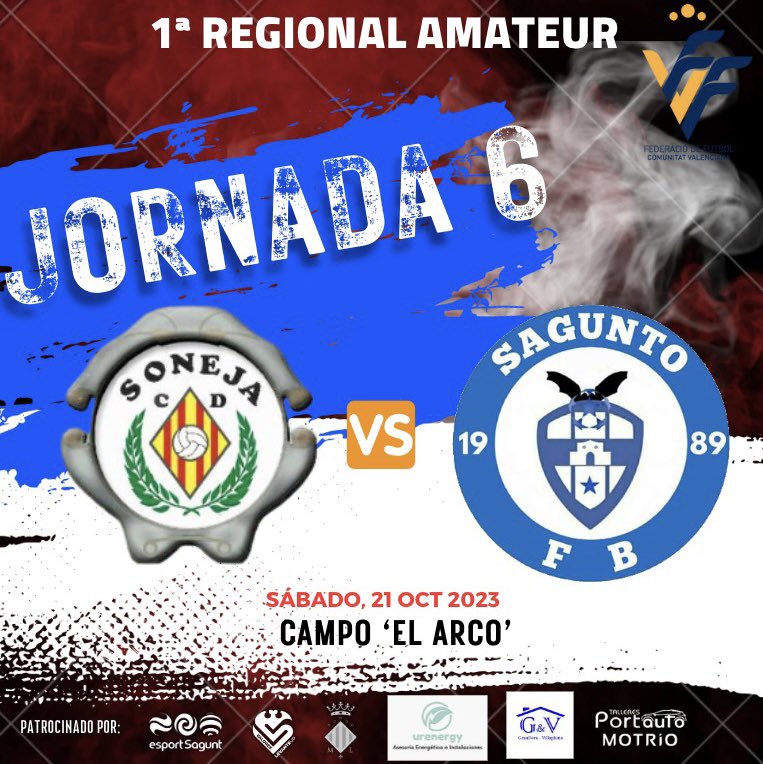 🚨Hoy juega nuestro equipo AMATEUR 

¡VAMOS SAGUNTO! ⚔️💙🤍⚔️

⏰17h
🏟️ Campo ‘El Arco’ 
🗓️J.6 

#adnsaguntofb