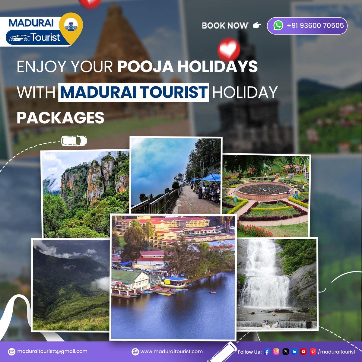 🌆 Your Pooja Holidays just got a whole lot more exciting! ✨ 🏛 Book now and let's make your Pooja break unforgettable! 👉 maduraitourist.com #MaduraiMagic #PoojaHolidays #WanderlustMode #TravelWithUs #MaduraiTours #Letsconnect #TravelGoals #WanderlustAdventures