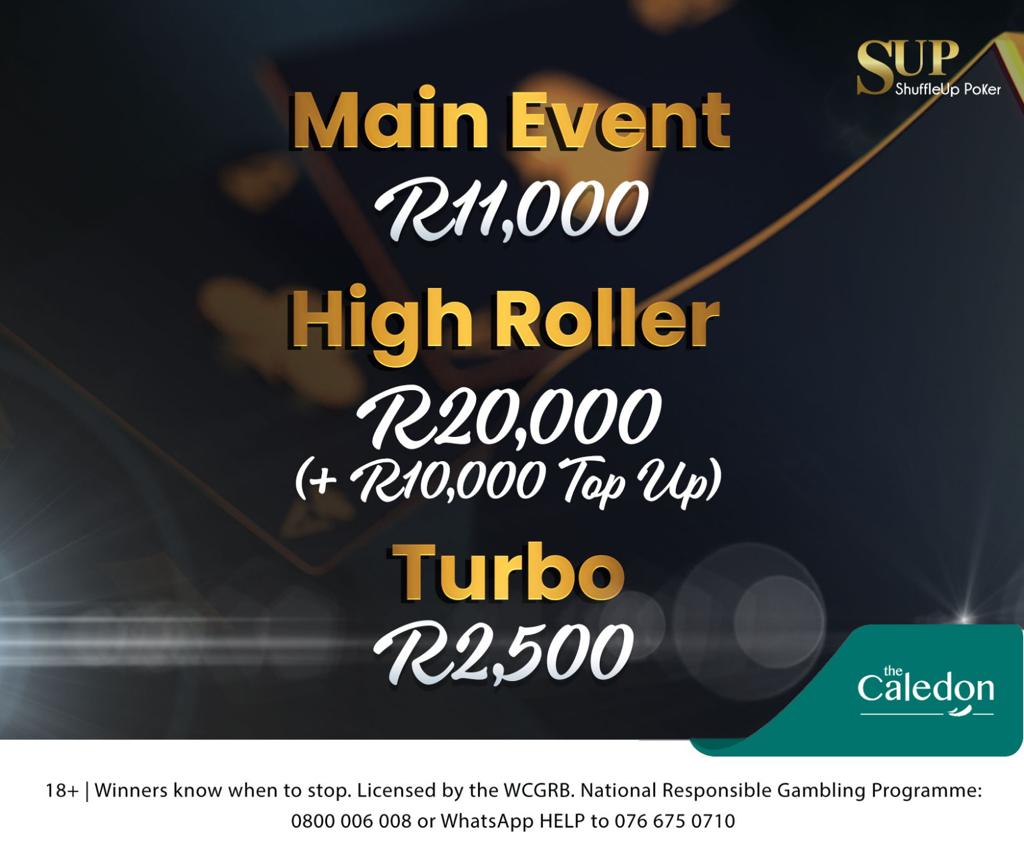 ShuffleUpSA's tweet photo. Caledon Series😎

This series takes place from the 31 Jan to 4 Feb!

We have 3 super value tournaments lined up for you that promise great structures, big pools and a beautiful and Friendly environment😎♠️

0670298025 https://t.co/hwyaR9B0Le