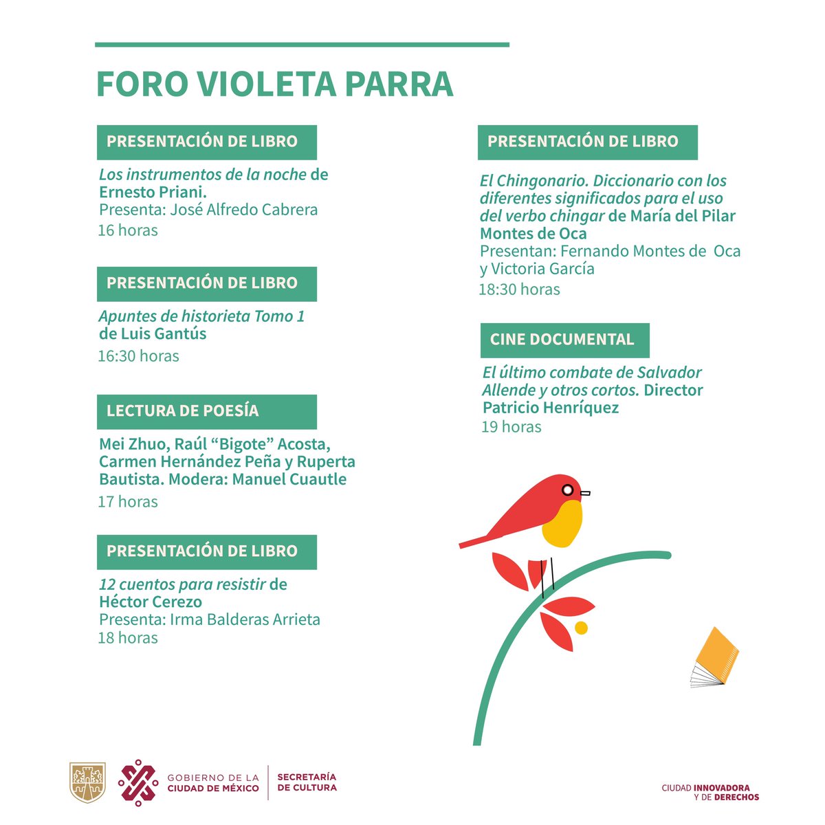 FILZocalo's tweet photo. Este sábado, el #ForoVioletaParra tiene un concierto de @GranjaTioBob, cuentacuentos, una charla acerca de literatura infantil y juvenil, presentaciones editoriales y una proyección de cine documental. 

Los eventos de la #FILZócalo2023 no tienen costo. Nos vemos en el Zócalo. 📚 https://t.co/i6Ix2KR1f2
