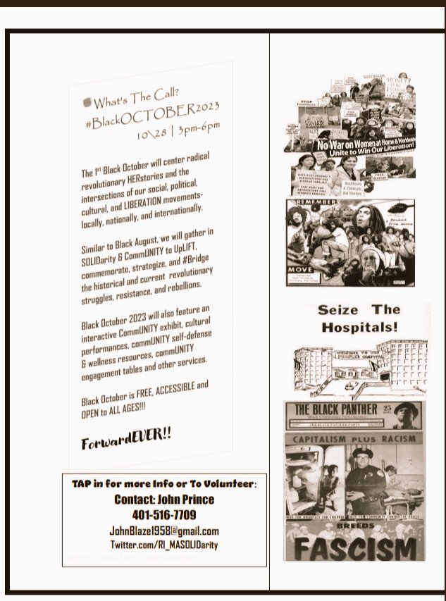 RI_MASolidarity's tweet photo. Post+Share

BLaCK OcToBeR | 10\28/23
3pm | Providence RI
 
Join Us in #SOLIDarity &amp; #CommUNITY for the 1st BLaCK OcToBeR as we commemorate, #Bridge &amp; center radical revolutionary #HERstories and the intersections of our #LIBERATION movements, struggles, resistance, and rebellions https://t.co/fymxbF5ygl