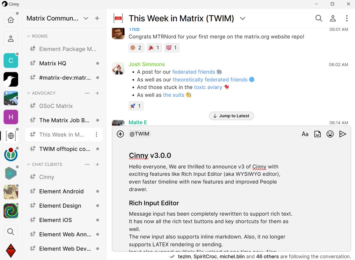 Rich Input Editor, Refreshed timeline and People drawer, new release v3.0.0 of Cinny is live at app.cinny.in. 

For more details and changelog check out github.com/cinnyapp/cinny…

#matrix #cinnyapp #reactjs