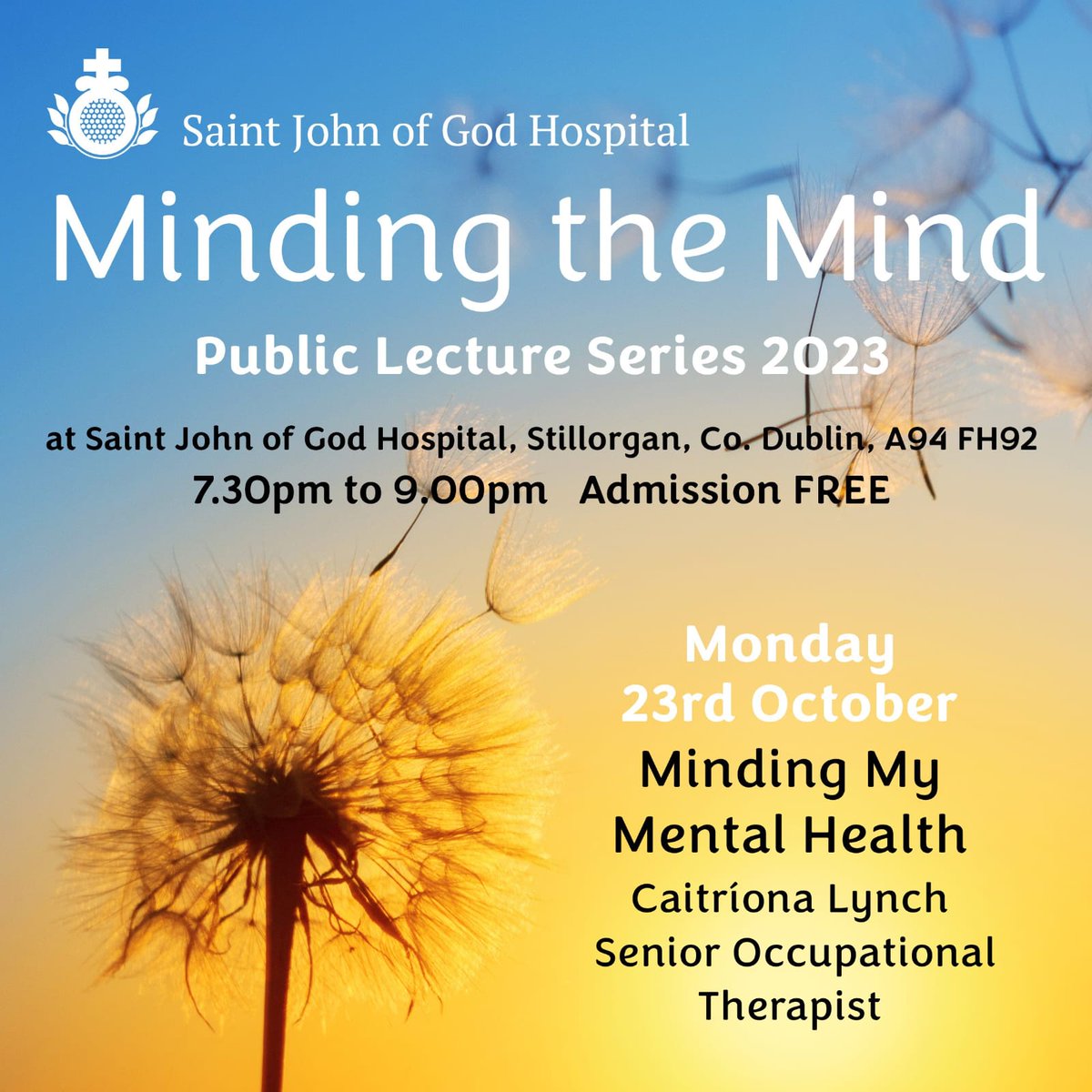 Don't miss our final public lecture on Monday evening! Register to attend at eventbrite.ie/e/saint-john-o… #mentalhealth #mentalhealthmatters