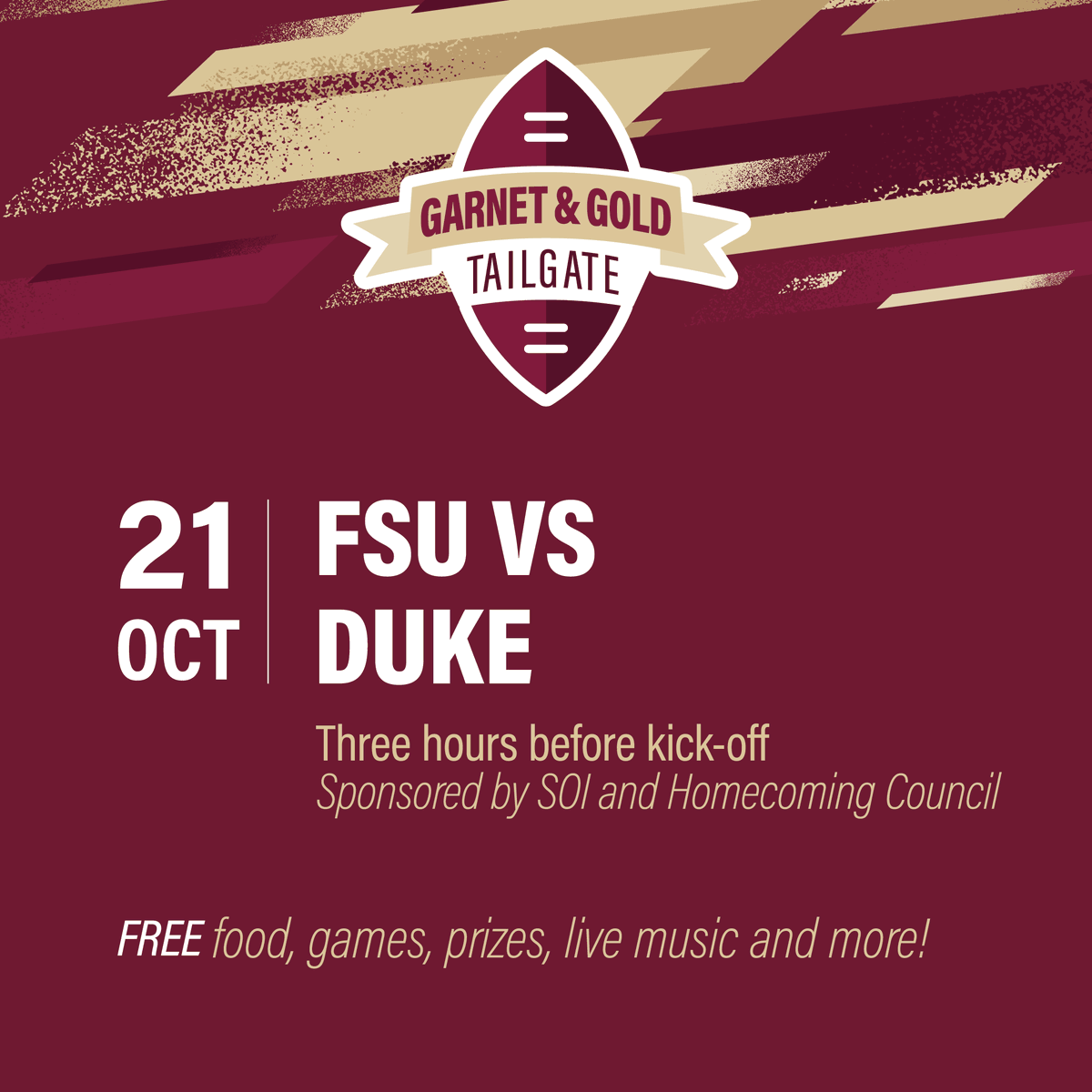 FSUDSA's tweet photo. #HelloFSU☀️ Join the excitement at the Garnet and Gold Tailgate in the FSU Student Union! 🎉 Enjoy free food, play games, win prizes, and enjoy live music. Let's come together to cheer on our amazing @seminoles'! #FSUPride #GoNoles 🏈🔥 https://t.co/QkqeXOVOh8