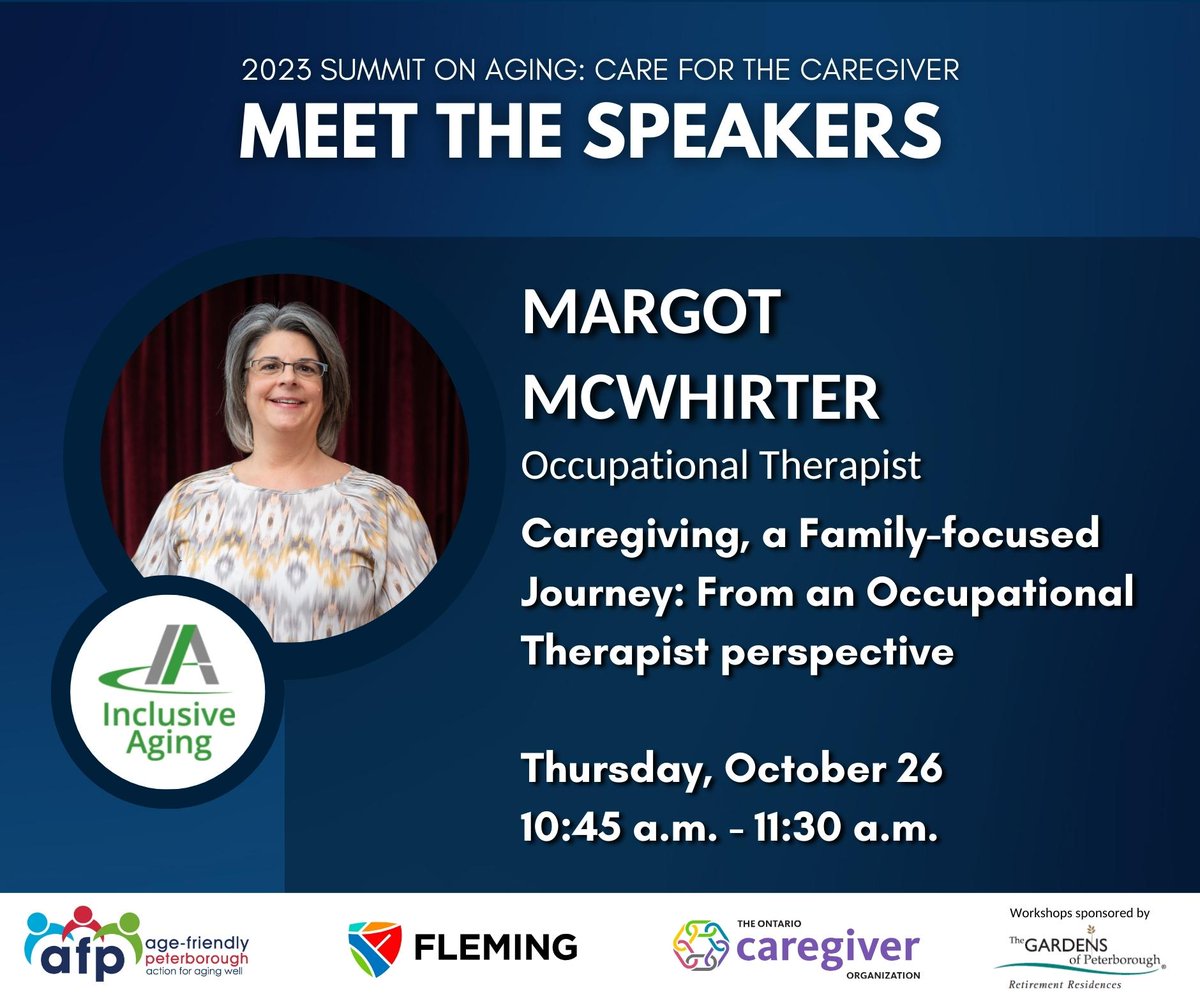 Margot McWhirter, Occupational Therapist will talk about some key ideas to promote home safety, reduce the risk of falls or other injuries, and more.

Register today at bit.ly/summitonaging 

Thurs. Oct. 26, 10:45-11:30am at Fleming College, Peterborough