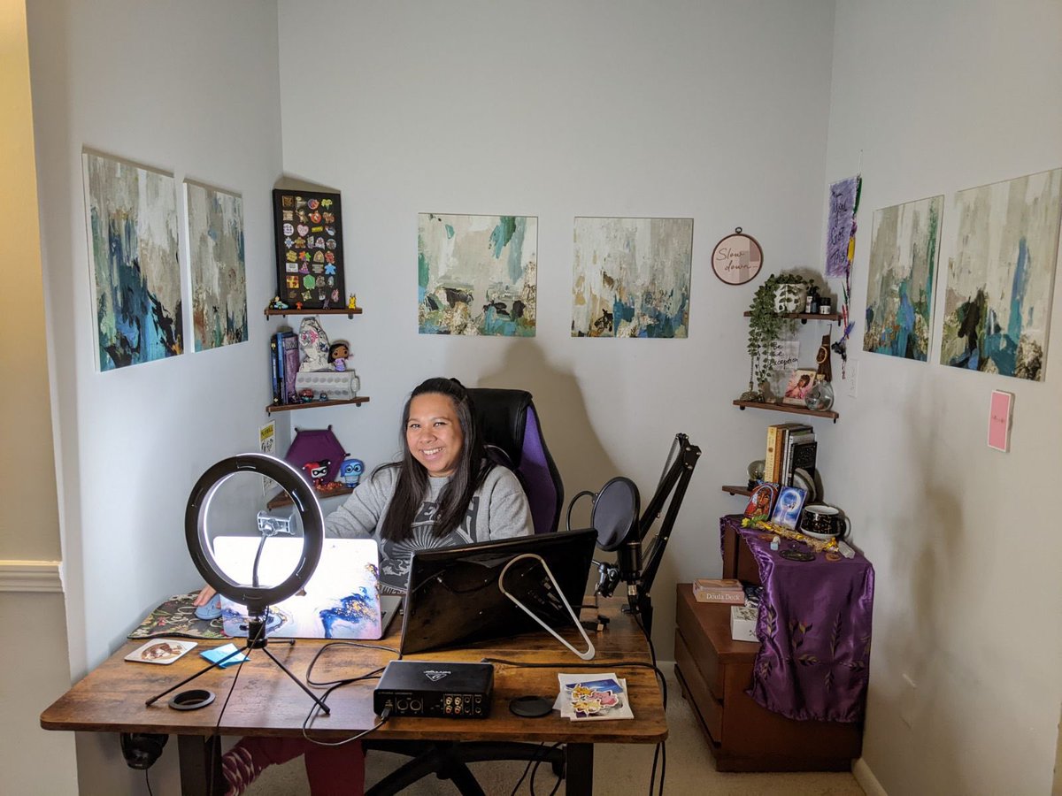 When you use your streaming space for two different things — #TTRPGs  and your woo woo business — you consult with your bestie designer friend for ideas on how to make it work. 💜

Looking forward to my next AP stream to show off my nerdy background! 🤓