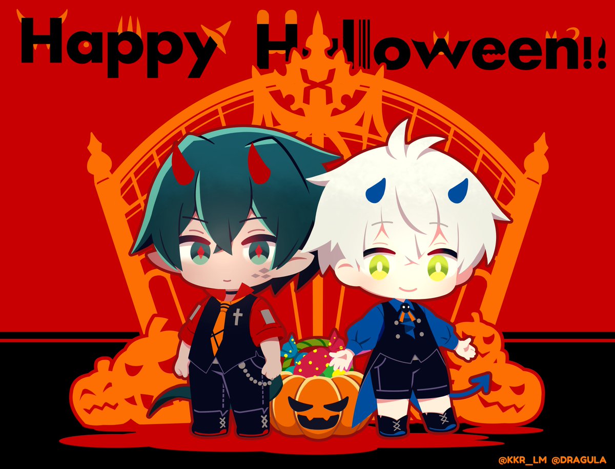 アークナイツ「ハロウィンなファウスト君とメフィスト君イラストできましたぞーオレンジ:ハンターV」|Lem ＠新刊書店通販中のイラスト