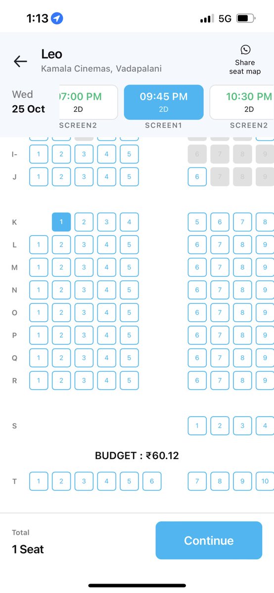 3 tickets available for #LEO at kamala cinemas; Row K as can be seen below; Price 227 per ticket ; show: 10.05PM; #LeoTickets #LeoTicketsHelp #KamalaCinemas @kamala_cinemas