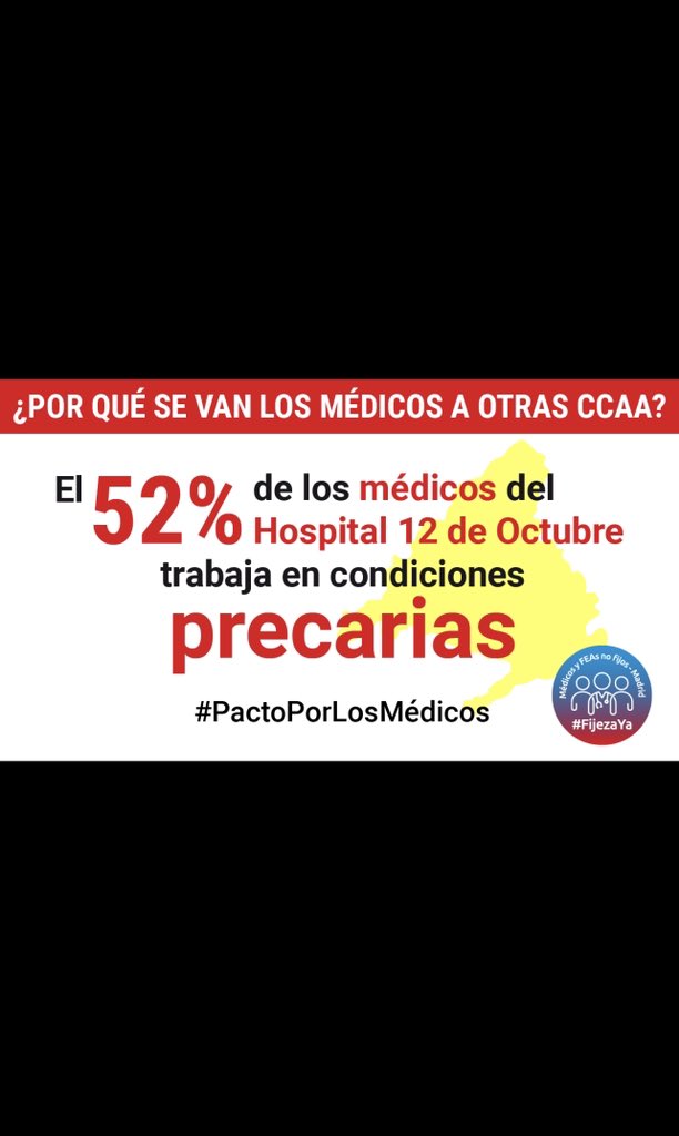 <a href="/ComunidadMadrid/">Comunidad de Madrid</a> <a href="/SaludMadrid/">Salud Madrid</a> Pruebas constantes del excelente trabajo de los especialistas, a pesar de tenerles con contratos precarios tras AÑOS de temporalidad, así el 52% de los facultativos del <a href="/hospital12Oct/">Hospital 12 Octubre</a> <a href="/SaludMadrid/">Salud Madrid</a> #FijezaYa #FatimaMatute #PactoPorLosMedicos  <a href="/IdiazAyuso/">Isabel Díaz Ayuso</a>