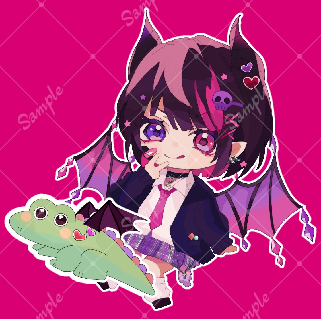 🐶 #納品報告 🐾

魔白虜あくわ( #Maziro__akuwa ) 様の
新衣装ミニキャラ＆わにちゃんを描かせて頂いております✋

ガチャ枠でアクキーその他もろもろにもなってますのでチェックしてみてくださーい‼️🐕‍🦺🐾