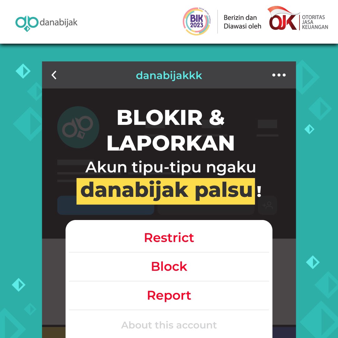 Danabijak's tweet photo. Jangan sampai salah, akun resmi danabijak cuma satu ini ya!

Kalau ada yang ngaku-ngaku danabijak, langsung report dan block~

#danabijak #rekanbijak #keuangan #fintechlegal #fintechaman #OJK #pinjamanaman https://t.co/ZL9MaJaCdL