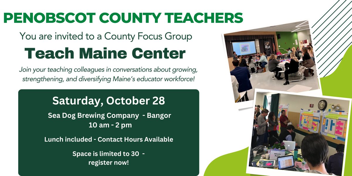 #PenobscotCounty Teachers! There is still time to register for the #TeachMaineCenter Focus Group on Sat., October 28. We need to hear from #Teachers What does good PD look like? How do we support teachers throughout their careers? #TeacherVoice tinyurl.com/RegisterPenobs…