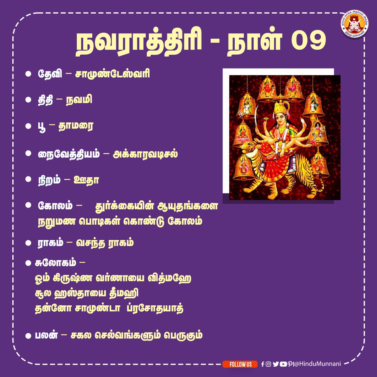 #நவராத்திரி #ஒன்பதாம்நாள்

ஒன்பது நாளும் அன்னையை முழுமனதோடு ஆராதித்துவிட்டு, அதோடு நிறுத்திக் கொண்டால் அன்னையின் முழு அருளையும் அடைய முடியாது. தினசரி ஐந்து நிமிடமாவது அன்னையின் திருநாமத்தை துதிக்க வேண்டும்...

#Navaratri2023 #saraswatipuja #AyudhaPuja #சரஸ்வதிபூஜை #ஆயுதபூஜை