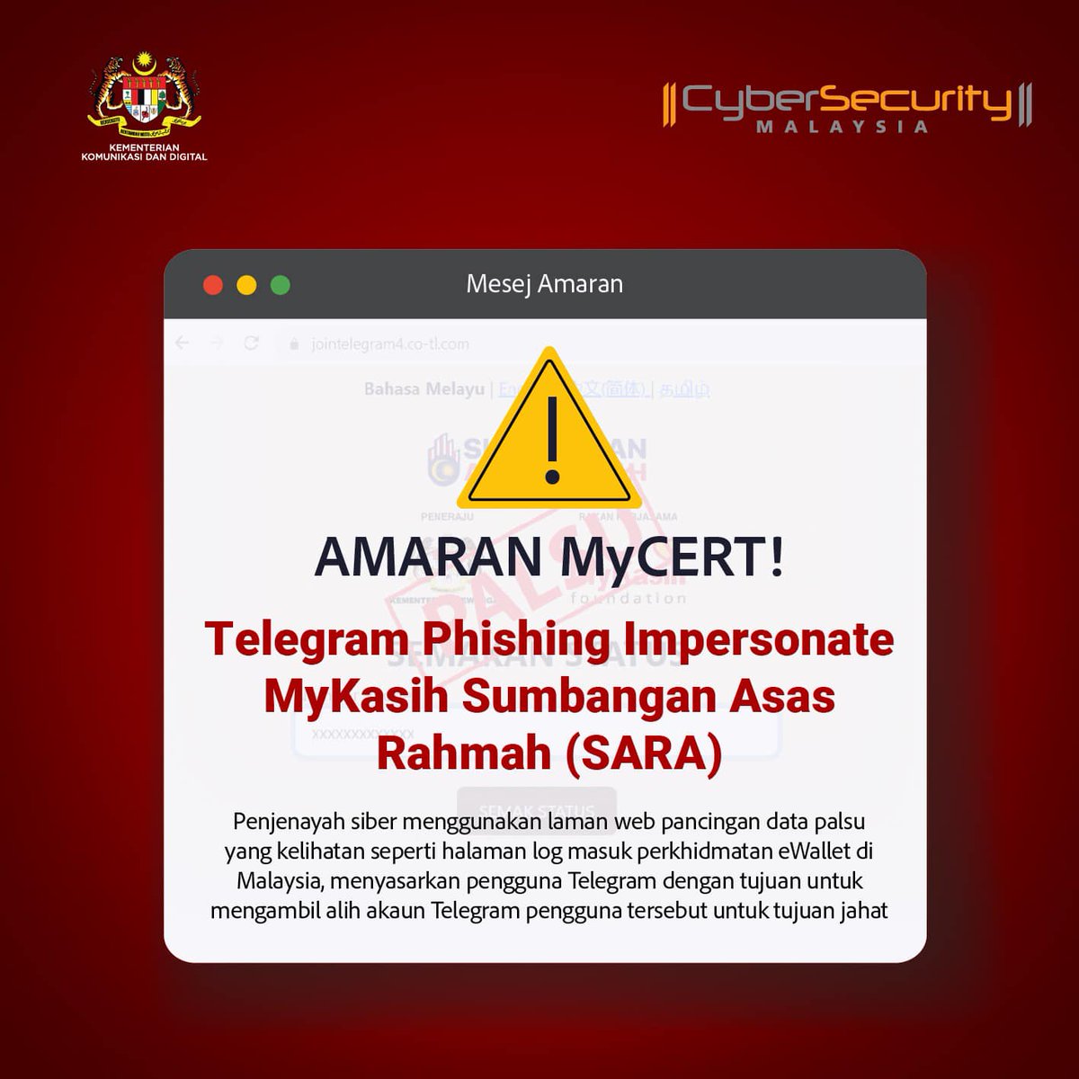 NewsBFM's tweet photo. CyberSecurity Malaysia has issued a warning about a fake phishing site imitating the MyKasih Sumbangan Asas Rahmah website.

The phishing site shows a page similar to the login page of the eWallet service in Malaysia to target Telegram users and take over their user accounts. https://t.co/YP2l7PeYiO