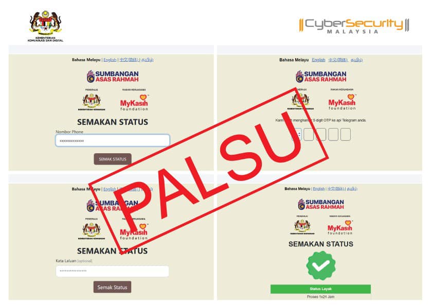 NewsBFM's tweet photo. CyberSecurity Malaysia has issued a warning about a fake phishing site imitating the MyKasih Sumbangan Asas Rahmah website.

The phishing site shows a page similar to the login page of the eWallet service in Malaysia to target Telegram users and take over their user accounts. https://t.co/YP2l7PeYiO