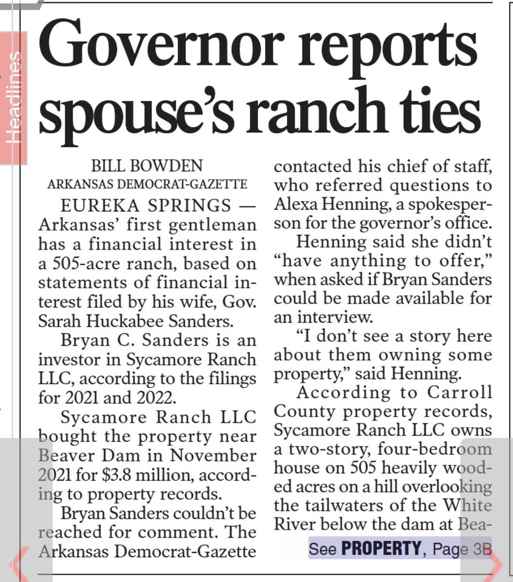 TomMarsLaw's tweet photo. ICYMI: Dem-Gaz reports that Gov. Sarah Sanders’ sugar daddy and AEDC appointee Glen Johnson has provided a retreat for Sarah and the First Gent, who routinely refers to it as “my ranch.” Johnson, Sanders, and Sarah’s liar-in-chief decline to comment.
#lecterngate #ranchgate? https://t.co/eL8nFG282A