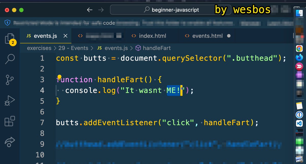 OlaHolstVea's tweet image. Today I did 3 steps of
Event Handling in JavaScript
1 Go get `butts`
2 Listen for `.addEventListener("click",`
3 Do the `handleFart` function
Day 31 💪🥳🏴☠️ of #100daysofJavaScript #GatsbyJS #buildinpublic #javascript olavea.com/blog/2023/10/21 beginnerjavascript.com by @wesbos