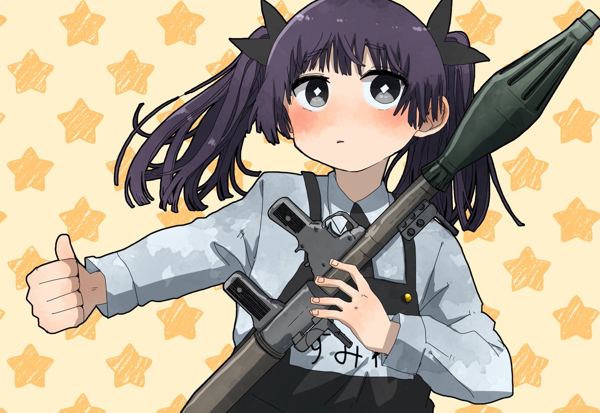 1girl weapon solo gun twintails thumbs up purple hair  illustration images