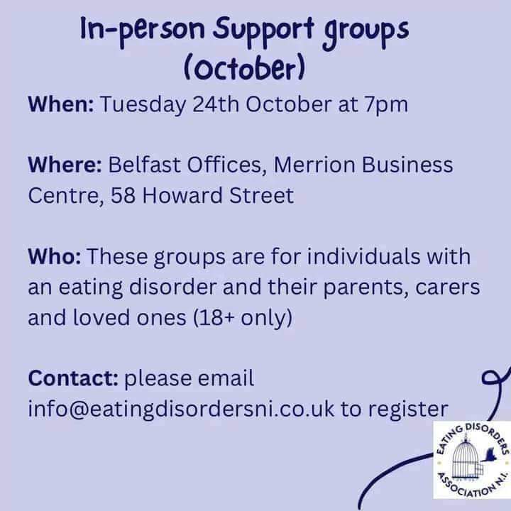 EDA_NIreland's tweet photo. Our next in person support groups are THIS TUESDAY 24th October at 7pm in our Belfast offices, Merrion Business Centre, 58 Howard Street. These are for individuals with an eating disorder, carers and loved ones (18+ only). Please email info@eatingdisordersni.co.uk to register. https://t.co/Z7kxNhld1c