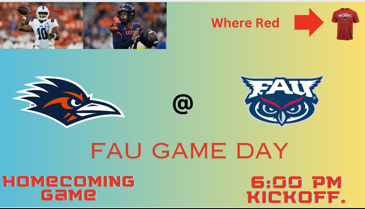 🦉 It's FAU game day today! The Owls face off against the UTSA Roadrunners in a high-stakes homecoming showdown. Both teams are 2-0 in conference play, so you know it's going to be a game to remember. Don't forget to wear your red! 🏈🔴 #FAUGameDay #OwlNation #ConferenceShowdown