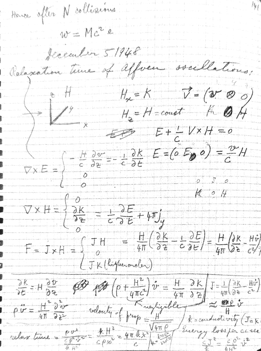 fermatslibrary's tweet photo. In 1948, Fermi uncovered the origins of Cosmic Ray Acceleration. Today, the concept of Fermi acceleration is foundational in the study of cosmic ray physics. Initially, it was proposed that cosmic rays scattered off moving magnetic clouds. The underlying calculations for this theory are straightforward. Through his analysis, Fermi identified a power law spectrum. The observed power of -2.9 is connected to the mean free path of the scatters, which is determined to be 2 light years — a plausible distance.

Fermi then posed an intriguing question: "Why aren't there any electrons?" He demonstrated that in a typical galactic magnetic field measuring 10 gauss, the energy loss rate due to radiation for electrons with energy more than or equal to 250 MeV exceeds the energy gain rate. However, for protons, this energy threshold is at an astounding 3 x 10²¹ eV. This note was written in December 4, 1948.
