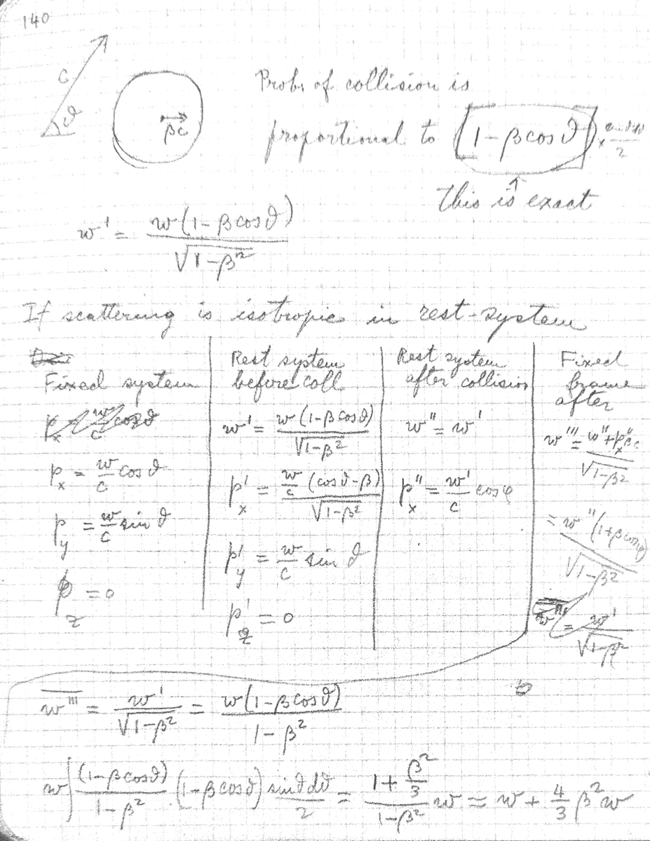 fermatslibrary's tweet photo. In 1948, Fermi uncovered the origins of Cosmic Ray Acceleration. Today, the concept of Fermi acceleration is foundational in the study of cosmic ray physics. Initially, it was proposed that cosmic rays scattered off moving magnetic clouds. The underlying calculations for this theory are straightforward. Through his analysis, Fermi identified a power law spectrum. The observed power of -2.9 is connected to the mean free path of the scatters, which is determined to be 2 light years — a plausible distance.

Fermi then posed an intriguing question: "Why aren't there any electrons?" He demonstrated that in a typical galactic magnetic field measuring 10 gauss, the energy loss rate due to radiation for electrons with energy more than or equal to 250 MeV exceeds the energy gain rate. However, for protons, this energy threshold is at an astounding 3 x 10²¹ eV. This note was written in December 4, 1948.