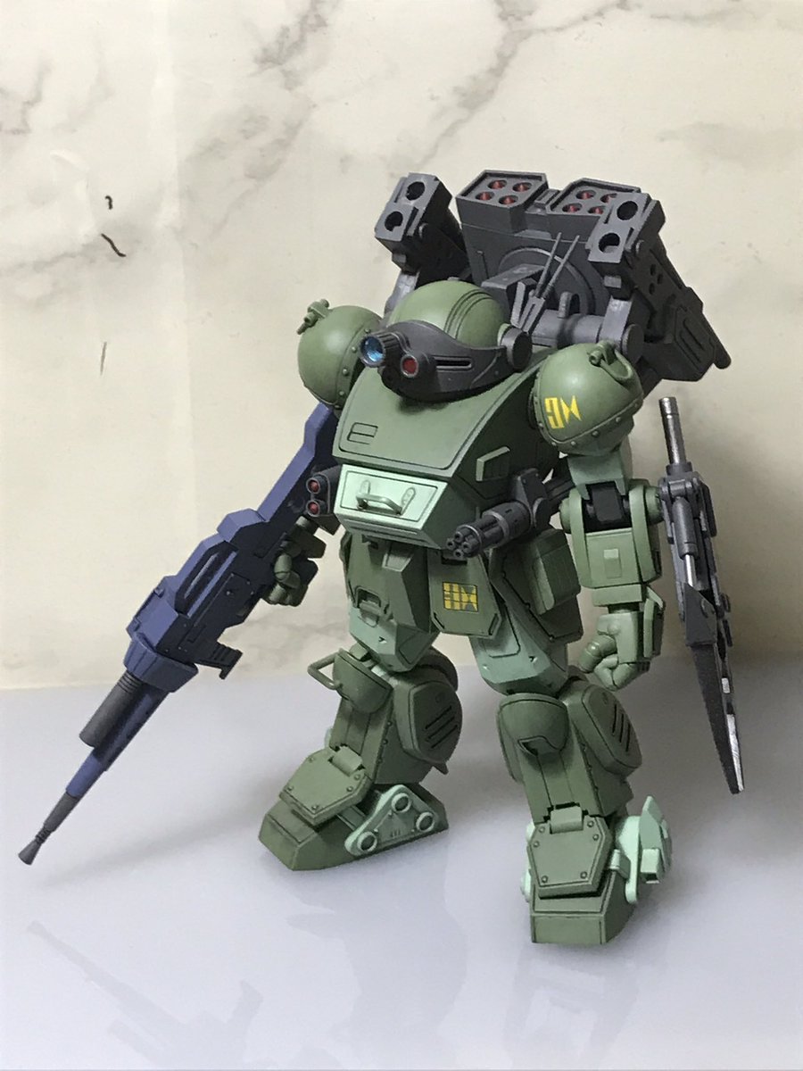 YG_kihara's tweet photo. スパロボ30に出てくるスコープドッグが出来ました。
スパロボ30の武装以外にペールゼン•ファイルズ版のパーツも作らなきゃならないのに気付き、しばらく放置後の完成です。
静岡の時から下地処理から塗装やり直しましま。
砲身は折り畳めます。
モデフェスに間に合ったぞ。
#ボトムズ　＃スパロボ30 https://t.co/oBSS8PmMoj
