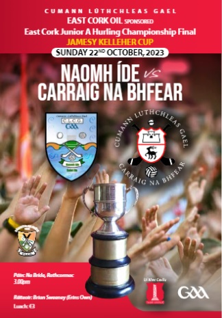 EastCorkGAA's tweet photo. East Cork Junior A Hurling Final tomorrow Sunday 22nd October in Rathcormac at 3pm: Carrignabhfear v St Ita's: Referee; Brian Sweeney. Special Souvenir Programme for sale at just €3.  Looking forward to the proverbial cracker of a game. https://t.co/WSCurAK2py